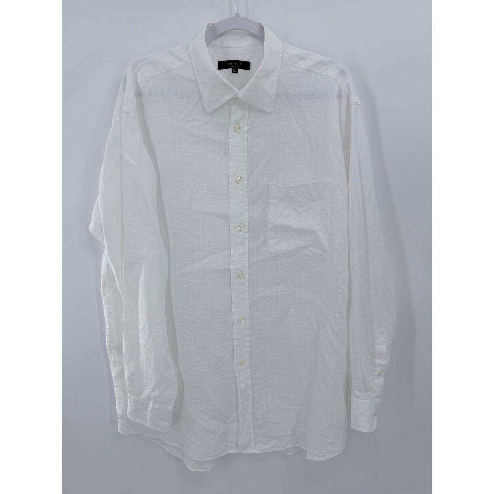 Cortina‎ Button Down Shirt Mens XXL White 100% Linen Made in Italy Grid Pattern